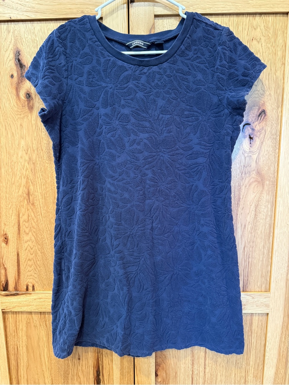Lands' End navy blue swimsuit coverup dress with floral design, size S